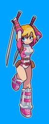 Rule 34 | 1girl, absurdres, animification, awabuta, belt, blonde hair, blue background, blue eyes, boots, dual wielding, full body, gwenpool, highres, holding, katana, leotard, marvel, multicolored hair, pink hair, pouch, smile, solo, superhero costume, sword, two-tone hair, weapon