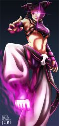 Rule 34 | 1girl, abs, baggy pants, barefoot, black hair, bracelet, breasts, detached sleeves, feet, fingerless gloves, foot focus, gloves, glowing, glowing eye, han juri, hsian, jewelry, large breasts, licking lips, lipstick, makeup, midriff, muscular, nail polish, navel, pants, purple eyes, purple nails, short hair, short twintails, simple background, solo, spiked bracelet, spikes, street fighter, street fighter iv (series), toeless legwear, toenail polish, toenails, toes, tongue, tongue out, twintails, underboob