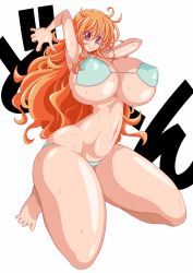 Rule 34 | 1girl, barefoot, bikini, blush, breasts, cleavage, curvy, full body, great magami, happy, highres, huge breasts, long hair, nami (one piece), nipples, one piece, orange hair, shiny skin, solo, swimsuit