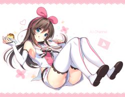 Rule 34 | 1girl, :q, absurdres, armpits, ass, bare shoulders, blue eyes, blush, boots, brown hair, brown ribbon, buttons, closed mouth, collared shirt, commentary, cream, cream on face, detached sleeves, food, food on face, full body, hairband, head tilt, highres, holding, holding plate, holding spoon, kizuna ai, kizuna ai inc., lace trim, long hair, long sleeves, looking at viewer, multicolored hair, neck ribbon, panties, pink hair, pink hairband, pink panties, plate, pudding, ribbon, shirt, shoe soles, short shorts, shorts, sleeves past wrists, solo, spoon, streaked hair, thigh boots, thighhighs, tongue, tongue out, underwear, upshorts, virtual youtuber, white footwear, white shirt, white shorts, yadamon (neverland)