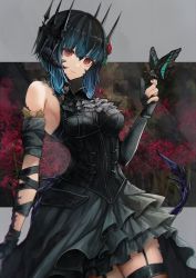 Rule 34 | 1girl, absurdres, ascot, au ra, warrior of light (ff14), bare shoulders, black dress, black gloves, black hair, black nails, black thighhighs, blue hair, bug, butterfly, butterfly on hand, commentary, commission, corset, cowboy shot, detached sleeves, dragon horns, dragon tail, dress, final fantasy, final fantasy xiv, flower, garter straps, gloves, gradient hair, grey ascot, hair flower, hair ornament, hand up, high collar, highres, horns, insect, looking at viewer, multicolored hair, nail polish, partially fingerless gloves, red eyes, scales, short hair, skeb commission, smile, solo, spider lily, straw like, tail, thighhighs, two-tone hair