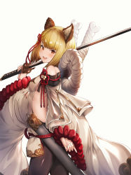 Rule 34 | absurdres, animal ears, bare shoulders, blonde hair, braid, breasts, detached sleeves, dog ears, erune, fang, from side, granblue fantasy, highres, japanese clothes, looking at viewer, ohihil, open mouth, pantyhose, rope, scabbard, sheath, shimenawa, short hair, sideboob, solo, sword, vajra (granblue fantasy), weapon