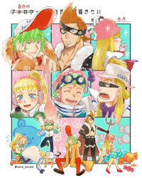 Rule 34 | 2girls, 4boys, baseball cap, blonde hair, blue eyes, blush, candy, clay, closed eyes, clothes writing, cup, devil fruit power, drinking, epaulettes, food, gloves, goggles, green gloves, green hair, green headband, hat, headband, headphones, helmeppo, hibari (one piece), high collar, highres, holding, holding cup, holding trident, jewelry, koby (one piece), kujaku (one piece), long hair, marine uniform (one piece), medium hair, mocchi (mkz), multiple boys, multiple girls, multiple rings, one piece, open mouth, orange hair, pink hair, ponytail, prince grus, purple eyes, ring, scar, scar on face, short hair, sideburns, smile, sunglasses, surprised, teacup, teeth, twitter username, x drake