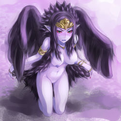 Rule 34 | 1girl, angry, armband, armlet, black hair, black wings, blue eyes, bracelet, breasts, colored sclera, colored skin, duel monster, fabled grimro, feathers, green eyes, hair ornament, jewelry, kneeling, large breasts, long hair, monster girl, nail polish, navel, necklace, nipples, nude, open mouth, pale skin, pointy ears, purple skin, pussy, red eyes, red sclera, ring, solo, sukumo (kemutai), uncensored, wings, yu-gi-oh!, yu-gi-oh! duel monsters