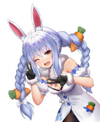 Rule 34 | 1girl, ;d, animal ear fluff, animal ears, black gloves, blue hair, bow, braid, breasts, carrot hair ornament, cleavage, commentary request, double v, artistic error, food-themed hair ornament, gloves, hair bow, hair ornament, highres, hololive, long hair, looking at viewer, medium breasts, one eye closed, open mouth, rabbit, rabbit ears, shoron, simple background, smile, solo, teeth, thick eyebrows, twin braids, upper teeth only, usada pekora, usada pekora (1st costume), v, virtual youtuber, white background, white bow