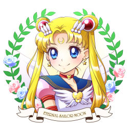 Rule 34 | 1990s (style), 1girl, asahi haru, bishoujo senshi sailor moon, bishoujo senshi sailor moon sailor stars, blonde hair, blue eyes, blue flower, blue rose, blue sailor collar, brooch, character name, choker, crescent, crescent facial mark, double bun, earrings, eternal sailor moon, facial mark, flower, forehead mark, hair ornament, hairpin, heart, heart brooch, jewelry, long hair, magical girl, pink flower, pink rose, retro artstyle, rose, sailor collar, sailor moon, smile, solo, star (symbol), tsukino usagi, twintails, wing brooch, wings