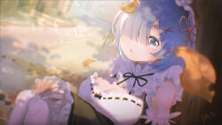 Rule 34 | 1girl, :o, absurdres, blue eyes, blue hair, breasts, cleavage, detached sleeves, evening, frilled sleeves, frills, hair ornament, hair over one eye, hair ribbon, highres, large breasts, leaf, leaf on head, looking at viewer, maid, maid headdress, on ground, open mouth, outdoors, pantyhose, pink ribbon, re:zero kara hajimeru isekai seikatsu, rem (re:zero), ribbon, roswaal mansion maid uniform, short hair, solo, tree, white pantyhose, x hair ornament, yunnasu