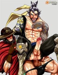 Rule 34 | 2boys, abs, anal, artist name, bara, beard, cassidy (overwatch), clothed sex, erection, facial hair, hanzo (overwatch), hat, male focus, male penetrated, multiple boys, muscular, nipples, overwatch, overwatch 1, pectorals, penis, sex, sitting, sitting on person, smile, tattoo, wince, yaoi