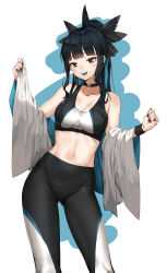 Rule 34 | 1girl, absurdres, artemis of the blue, bare shoulders, black bow, black choker, black hair, black nails, blue tongue, blunt bangs, blush, bow, breasts, brown eyes, choker, cleavage, collarbone, colored tongue, commentary, contrapposto, ear piercing, english commentary, feet out of frame, gluteal fold, grey jacket, hair bow, highres, jacket, long hair, long sleeves, medium breasts, mole, mole under eye, nail polish, navel, open clothes, open jacket, open mouth, pants, piercing, pixel (yuxian), ponytail, sharp teeth, sidelocks, solo, sports bra, standing, stomach, sweatband, teeth, tight clothes, tight pants, toned, two-tone background, upper teeth only, virtual youtuber, wide sleeves, yoga pants