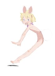 1girl animal_ears bare_arms bare_back bare_legs bare_shoulders barefoot blonde_hair blue_eyes fake_animal_ears female_focus flat_chest from_side full_body hara_(pencilpen) highres leotard looking_at_viewer open_mouth original rabbit_ears red_leotard shadow short_hair simple_background skinny solo strapless strapless_leotard tareme white_background