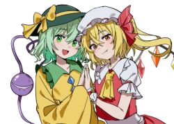 Rule 34 | 2girls, ascot, blonde hair, bow, buttons, crystal, diamond button, fang, fang out, flandre scarlet, green eyes, green hair, hat, hat bow, highres, komeiji koishi, maisuiren, multiple girls, puffy short sleeves, puffy sleeves, red eyes, red vest, shirt, short sleeves, side ponytail, skirt, skirt set, smile, third eye, touhou, vest, white background, wide sleeves, wings, yellow ascot, yellow shirt, yuri