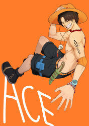Rule 34 | 1boy, arm tattoo, back tattoo, bangle, bracelet, character name, closed eyes, commentary, facing viewer, full body, grin, hand on headwear, hat, highres, jewelry, knife, log pose, male focus, necklace, nipples, one piece, orange background, portgas d. ace, sheath, sheathed, shouroro, sitting, smile, solo, tattoo, teeth, topless male