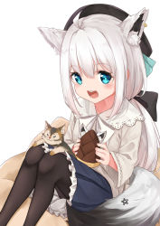 Rule 34 | 1girl, :d, absurdres, aged down, animal, animal ear fluff, animal ears, animal on lap, black pantyhose, blue eyes, braid, cat, cat on lap, commentary request, fox ears, fox tail, frilled skirt, frills, hat, highres, hololive, long hair, on lap, open mouth, oruyanke (shirakami fubuki), pantyhose, shirakami fubuki, shirakami fubuki (street), shirt, sitting, skirt, smile, tail, to naive, virtual youtuber, white hair, wide sleeves