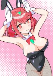 Rule 34 | 1girl, alternate costume, animal ears, black leotard, blush, breasts, bright pupils, chest jewel, cowboy shot, crotch, detached collar, dutch angle, fake animal ears, gloves, highres, large breasts, leotard, looking at viewer, necktie, neckwear between breasts, nintendo, pantyhose, pink background, playboy bunny, pyra (xenoblade), rabbit ears, red eyes, red hair, red necktie, short hair, solo, strapless, strapless leotard, swept bangs, theakingu, tiara, white gloves, white pupils, xenoblade chronicles (series), xenoblade chronicles 2