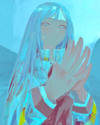 Rule 34 | 1girl, aqua theme, bakui02, blue eyes, blue hair, blue jacket, closed mouth, colored eyelashes, expressionless, hair between eyes, high collar, jacket, light blue background, long hair, looking at viewer, looking down, multicolored clothes, original, red jacket, solo, standing, steepled fingers, swept bangs, wide sleeves