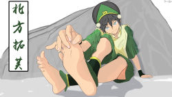 Rule 34 | 1girl, absurdres, avatar: the last airbender, avatar legends, barefoot, black hair, feet, foot focus, grey eyes, highres, long hair, looking at viewer, pricalpha, smile, soles, toes, toph bei fong, translated