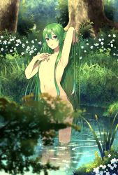 Rule 34 | 1boy, androgynous, bad id, bad pixiv id, bathing, enkidu (fate), fate/grand order, fate (series), green eyes, green hair, highres, long hair, male focus, nude, outdoors, smile, solo, tree, very long hair, water, wet
