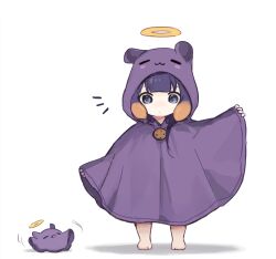 Rule 34 | 1girl, :3, :d, aged down, arm up, barefoot, blunt bangs, center-flap bangs, character hood, child, chocolate chip cookie, cloak, closed eyes, closed mouth, commentary, cookie, cosplay, food, gradient hair, halo, hololive, hololive english, hood, hood up, hooded cloak, long hair, looking at viewer, mole, mole under eye, multicolored hair, ninomae ina&#039;nis, notice lines, open mouth, orange hair, purple cloak, purple eyes, purple hair, sidelocks, smile, solo, standing, takodachi (ninomae ina&#039;nis), takodachi (ninomae ina&#039;nis) (cosplay), tentacle hair, virtual youtuber, yuuyu (777)