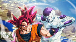 Rule 34 | 2boys, collarbone, commentary, darkhans0, dougi, dragon ball, english commentary, frieza, highres, multiple boys, muscular, muscular male, pectorals, punching, red eyes, red hair, son goku, stomach punch, super saiyan, super saiyan god, watermark
