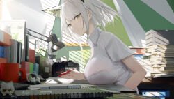 Rule 34 | 1girl, alternate costume, animal ears, arknights, book, book stack, bra visible through clothes, breasts, cat ears, desk, green eyes, holding, holding pen, kal&#039;tsit (arknights), large breasts, looking at viewer, omone hokoma agm, pen, shirt, short hair, solo, white hair, white shirt