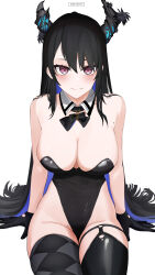 Rule 34 | 1girl, absurdres, ameiarts, asymmetrical horns, asymmetrical legwear, bare shoulders, black hair, blue hair, breasts, cleavage, commentary, demon horns, detached collar, english commentary, gloves, highres, hololive, hololive english, horns, large breasts, leotard, long hair, looking at viewer, mismatched legwear, mole, mole under eye, multicolored hair, nerissa ravencroft, red eyes, simple background, smile, solo, strapless, strapless leotard, virtual youtuber, white background, wide hips