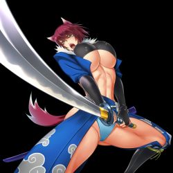 Rule 34 | 1girl, animal ears, breasts, highres, huge breasts, kimootarou monogatari, kodamashi, open mouth, sword, weapon