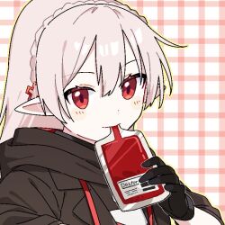Rule 34 | 1girl, arknights, black gloves, black jacket, blood, blood bag, blush, commentary, cross hair ornament, dot nose, dress, drinking, english text, gloves, grey hair, hair ornament, hood, hooded jacket, jacket, long hair, looking at viewer, maguro kan, pale skin, plaid, plaid background, pointy ears, red background, red eyes, sleeves rolled up, solo, upper body, vampire, warfarin (arknights), white background, white dress