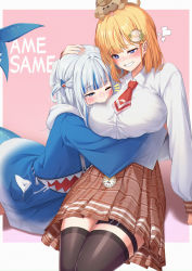 Rule 34 | 2girls, absurdres, animal, animal hood, animal on head, arm under breasts, biting, black thighhighs, blonde hair, blue eyes, blunt bangs, blush, breast biting, breasts, bright pupils, bubba (watson amelia), collared shirt, drooling, english text, fins, fish tail, gawr gura, gawr gura (1st costume), grin, hair ornament, hand on another&#039;s head, heart, highres, hololive, hololive english, hood, hoodie, hug, huge breasts, long hair, long sleeves, looking at another, medium hair, miniskirt, multicolored hair, multiple girls, necktie, on head, oversized clothes, painter j, plaid, plaid skirt, pleated skirt, pocket watch, raised eyebrow, saliva, shark hair ornament, shark hood, shark tail, shirt, simple background, sitting, skirt, smile, streaked hair, tail, thigh strap, thighhighs, thighs, virtual youtuber, watch, watson amelia, white hair, yuri, zettai ryouiki