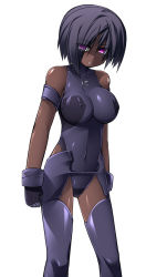 Rule 34 | 1girl, alternate eye color, alternate skin color, bare shoulders, black hair, covered navel, dark skin, dark-skinned female, covered erect nipples, eyes visible through hair, gloves, hunched over, impossible clothes, katami shinta, leotard, looking at viewer, original, parted lips, purple eyes, short hair, skin tight, solo, thighhighs