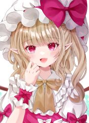Rule 34 | 1girl, :d, alternate hairstyle, blonde hair, blunt bangs, blush, bow, clenched hand, commentary, eyelashes, fang, flandre scarlet, frilled shirt collar, frilled wrist cuffs, frills, hand up, happy, hat, hat bow, heart, heart-shaped pupils, jaku sono, looking at viewer, lovestruck, medium hair, mob cap, open mouth, pointy ears, puffy short sleeves, puffy sleeves, red bow, red eyes, red vest, ribbon, shirt, short sleeves, side ponytail, sidelocks, signature, simple background, skin fang, smile, solo, symbol-shaped pupils, touhou, tsurime, upper body, vest, wavy hair, white background, white bow, white hat, white shirt, wrist cuffs, yellow bow, yellow ribbon