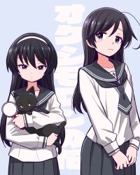 Rule 34 | 2girls, absurdres, ahoge, alternate costume, animal, text background, black cape, black eyes, black hair, black neckerchief, black skirt, blouse, blue background, brown eyes, cape, closed mouth, commentary request, cover, cover page, frown, girls und panzer, hairband, highres, holding, holding animal, hone (honehone083), isuzu hana, long hair, long sleeves, looking at viewer, magnifying glass, multiple girls, neckerchief, novel cover, partial commentary, pleated skirt, reizei mako, school uniform, serafuku, shirt, skirt, standing, translated, white hairband, white shirt
