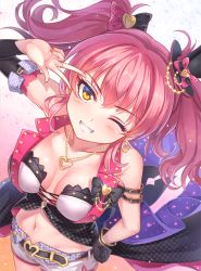 Rule 34 | 10s, 1girl, black gloves, blurry, breasts, cleavage, depth of field, gloves, hat, highres, idolmaster, idolmaster cinderella girls, idolmaster cinderella girls starlight stage, jewelry, jougasaki mika, long hair, looking up, miazi, mini hat, navel, necklace, one eye closed, pink hair, smile, solo, top hat, twintails, yellow eyes