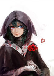 Rule 34 | 1girl, bandaged arm, bandaged hand, bandages, blue eyes, cloak, commentary request, eto (tokyo ghoul), flower, green hair, hair between eyes, heart, heterochromia, holding, hood, hood up, hooded cloak, looking at viewer, red eyes, red flower, red rose, rose, simple background, smile, solo, straw like, tokyo ghoul, white background