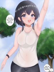 Rule 34 | 1girl, 1other, arm up, armband, armpits, black hair, blue eyes, blue sky, blurry, blurry background, blush, breasts, collarbone, commentary, covered navel, day, english commentary, english text, exercising, highres, jogging, looking at viewer, medium breasts, navel, open mouth, original, outdoors, pants, presenting armpit, ryzeon, sidelocks, sky, solo, speech bubble, sweat, sweat stain, sweaty clothes, talking, tank top, track pants, tree, white tank top