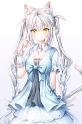 Rule 34 | 1girl, animal ears, bad id, bad pixiv id, blue bow, blue dress, bow, breasts, cat ears, cat girl, cat tail, closed mouth, dress, gradient background, grey background, hair between eyes, twirling hair, hand up, heart, highres, long hair, looking at viewer, medium breasts, murano, original, puffy short sleeves, puffy sleeves, short sleeves, sidelocks, solo, tail, twintails, very long hair, white background, white hair, yellow eyes