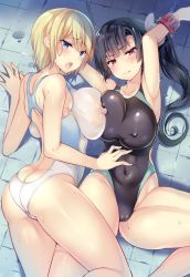 Rule 34 | armpits, asymmetrical docking, black hair, black one-piece swimsuit, blonde hair, blue eyes, breast press, butt crack, cameltoe, chain, cleft of venus, commentary request, competition swimsuit, covered erect nipples, covered navel, cuffs, kuwahara hazuki, long hair, looking at viewer, lying, on side, one-piece swimsuit, open mouth, original, red eyes, sanshoku amido, see-through, shackles, short hair, swimsuit, tile floor, tiles, tongue, tongue out, twintails, white one-piece swimsuit