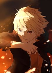 Rule 34 | 1boy, black background, black jacket, blonde hair, clenched hand, facial hair, hair between eyes, heterochromia, highres, hood, hooded jacket, hoodie, hsin, incoming attack, incoming punch, jacket, long sleeves, looking away, male focus, mondaiji-tachi ga isekai kara kuru sou desu yo?, open clothes, open hoodie, open jacket, open mouth, outdoors, parted lips, punching, purple eyes, red eyes, red shirt, sakamaki izayoi, shirt, short hair, simple background, smile, solo, sparks, spiked hair, standing, t-shirt, torn clothes, upper body