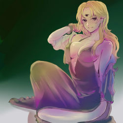 Rule 34 | 1girl, blonde hair, breasts, brown eyes, closed mouth, collarbone, dress, full body, gloves, jacket, large breasts, long hair, looking at viewer, off shoulder, opera vectra, simple background, smile, solo, star ocean, star ocean the second story, suutaso, third eye