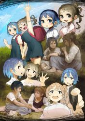 Rule 34 | &gt; &lt;, 110100110101101, 2girls, a childhood idyll (bouguereau), absurdres, alternate costume, arm support, arm up, backpack, bag, black eyes, blue eyes, blue hair, blue skirt, blue sky, blush, breasts, brown eyes, cevio, collage, colored tips, commentary request, day, dress, fine art parody, foreshortening, furrowed brow, grass, hair bun, highres, holding, holding hands, holding marker, large breasts, long hair, long skirt, looking at another, lying, marker, multicolored hair, multiple girls, multiple views, on ground, on side, outdoors, parody, pinafore dress, profile, puffy short sleeves, puffy sleeves, randoseru, satou sasara, shirt, short hair, short sleeves, side ponytail, single side bun, sitting, skirt, sky, sleeveless, sleeveless dress, smile, suzuki tsudumi, the nut gatherers (bouguereau), waving, white dress, white shirt, yokozuwari
