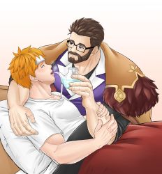 Rule 34 | 2boys, absurdres, age difference, arm around shoulder, arm grab, bara, beard, bed, black-framed eyewear, blush, coat, coat on shoulders, cold pack, couple, eye contact, facial hair, feeding, fresuke sanc, glasses, gyee, highres, looking at another, male focus, mature male, multiple boys, muscular, muscular male, orange hair, pectorals, purple shirt, shirt, short hair, sick, smile, turing (gyee), upper body, vundo (gyee), white shirt, yaoi