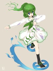 Rule 34 | 1girl, alphes (style), bad id, bad pixiv id, bow, dress, green eyes, green hair, heavenly gathering of clouds, highres, long hair, matching hair/eyes, mayle aquapony, open mouth, original, outstretched arms, parody, ponytail, refle, smile, solo, style parody, touhou