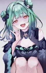 Rule 34 | 1girl, :d, absurdres, bare shoulders, black dress, blush, detached sleeves, double bun, dress, false smile, fang, feet out of frame, flat chest, green hair, hair bun, hair ornament, hand on own face, highres, hololive, knees up, looking at viewer, medium hair, mile (off8mile), open mouth, red eyes, skin fang, skull hair ornament, smile, uruha rushia, uruha rushia (1st costume), virtual youtuber, wide sleeves