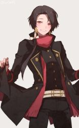 Rule 34 | 10s, belt, blush, brown hair, coattails, earrings, grey background, grin, hair tie, highres, hiro (menomae), jewelry, kashuu kiyomitsu, looking at viewer, male focus, mole, mole under mouth, nail polish, ponytail, red eyes, red nails, red scarf, scarf, simple background, smile, solo, touken ranbu, twitter username
