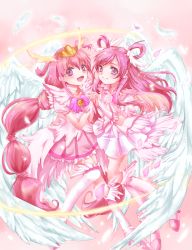 Rule 34 | 00s, 10s, 2girls, angel wings, boots, choker, color connection, cure dream, cure happy, cure happy (princess form), dress, earrings, flower, frills, full body, hair rings, halo, holding hands, hoshizora miyuki, jewelry, knee boots, long hair, magical girl, mirrrrr, multiple girls, pink dress, pink hair, pink skirt, pink theme, precure, princess form (smile precure!), purple eyes, rose, shining dream, skirt, smile, smile precure!, tiara, twintails, ultra cure happy, white choker, white flower, white rose, white wings, wings, wrist cuffs, yes! precure 5, yumehara nozomi