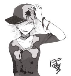 Rule 34 | 1girl, baseball cap, blood, blood splatter, collarbone, commentary request, cuffs, earrings, eyelashes, facing viewer, greyscale, hand on headwear, handcuffs, hat, jewelry, looking at viewer, md5 mismatch, messy hair, monochrome, multiple earrings, one eye closed, original, ouroboros, poaro, resized, ring, shirt, signature, simple background, skull, skull and crossbones, snake, solo, tattoo, teeth, tongue, tongue out, white background, wink