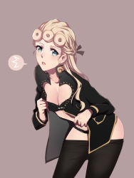 Rule 34 | 1girl, bad id, bad pixiv id, blonde hair, blue eyes, bra, breasts, cleavage, clothes pull, genderswap, genderswap (mtf), giorno giovanna, jojo no kimyou na bouken, lace, lace-trimmed bra, lace-trimmed panties, lace trim, lingerie, long hair, meron, open clothes, open shirt, panties, pantyhose, pantyhose pull, shirt, solo, underwear, undressing, vento aureo