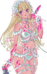Rule 34 | 1girl, akiyama enma, blonde hair, blood, blood splatter, blue eyes, bondage outfit, bow, bra, collar, frills, hairband, harness, highres, holding, holding knife, holding weapon, knife, leash, lingerie, lolita hairband, long hair, looking to the side, open mouth, original, panties, pink blood, skindentation, spiked collar, spikes, underwear, walking, weapon, wrist cuffs