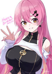 Rule 34 | 1girl, aizono manami, aizono manami (5th costume), black shirt, breasts, cropped head, cropped torso, double-parted bangs, earrings, guchico, hair between eyes, hair ornament, happy birthday, heart, heart earrings, heart hair ornament, heart in eye, highres, jewelry, large breasts, looking at viewer, middle finger, nijisanji, pink hair, pink nails, shirt, shrug (clothing), sidelocks, smile, symbol in eye, thick eyebrows, virtual youtuber, white background, yellow eyes