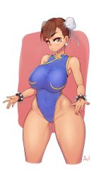 Rule 34 | 1girl, bare arms, bare shoulders, blush, bracelet, breasts, brown eyes, brown hair, capcom, chun-li, closed mouth, covered navel, cowboy shot, curvy, hair bun, harry (dudwofla), highleg, highleg swimsuit, highres, huge breasts, jewelry, looking at viewer, matching hair/eyes, one-piece swimsuit, pink background, short hair, single hair bun, solo, spiked bracelet, spikes, street fighter, swimsuit, thick thighs, thighs, white background, wide hips