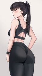 Rule 34 | 1girl, alternate costume, ass, black hair, black ribbon, blush, breasts, cowboy shot, earrings, fate/grand order, fate (series), from behind, high-waist pants, highres, hoop earrings, ishtar (fate), jewelry, looking at viewer, medium breasts, pants, ponytail, red eyes, ribbon, ryudraw, solo, sports bra, sweatband, thighs